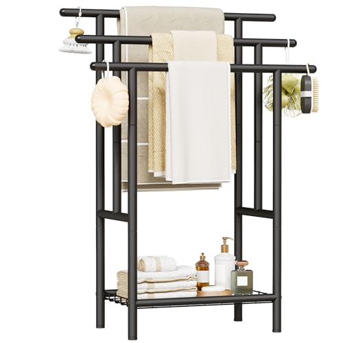 YUNSCEND Free Standing Towel Racks for Bathroom 3-Layer Towel Drying Rack with Storage Rack Black Metal Towel Rack Stand 12 W x 25.8 L x 39.4 H UXJMJ002B