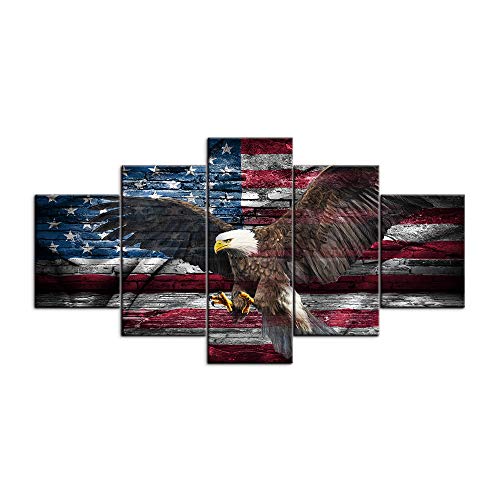 Retro Usa Us American Flag Bald Eagle Military Canvas Prints Wall Art Vintage Thin Blue Line Home Decor Pictures For Living Room 5 Panel Large Poster Painting Framed Ready To Hang (50"Wx24"H, 3) #TOP1