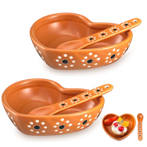 Honeydak 2 Set Mexican Clay Plates Floral Heart Shaped Ceramic Clay Bowl and Spoon Set, Terracotta Mexican Talavera Plates, Mexicanos, Artesanales Mexicanas Bowl for Cinco De Mayo Party Wedding