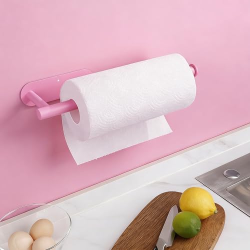 Image of Pink Paper Towel Holder - Self Adhesive Paper Towels Roll Holders Under Cabinet, SUS304 Stainless Steel Wall Mount Towel Holder for Kitchen, Pantry, Sink, Bathroom