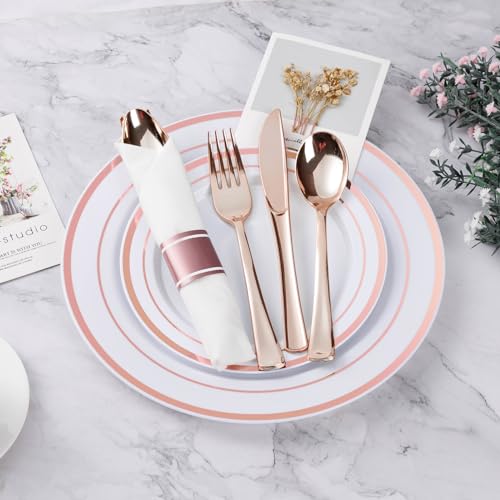 BESTVIP 175PCS Rose Gold Plastic Dinnerware Set, Disposable Party Plates for 25 Guests, Include: 50 Plastic Plates, 25 Pre Rolled Napkins with Rose Gold Silverware, 25 Cups for Christmas, Halloween by BESTVIP - Image 2