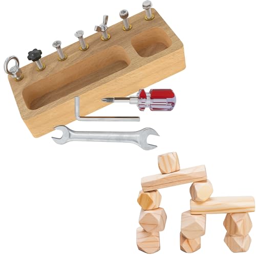 Panda Brothers Set of 2 Toys: Montessori Screw Driver Board & Wooden Balancing Stones. Montessori Toys for Kids, Wooden Toys, Sensory Toys for 3 4 5 Year Old, Busy Board, Preschool Classroom STEM Toy