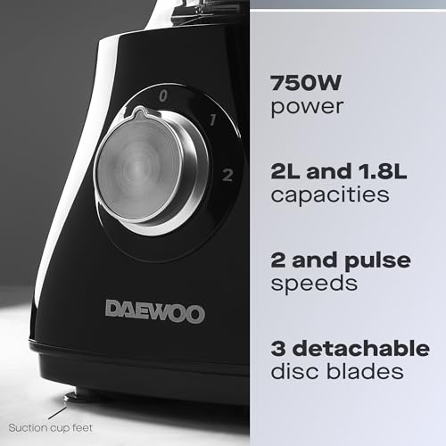 Daewoo SDA2100 750W Plastic Compact Food Processor with 2L Bowl and 1.8L Blender Jug, Stainless Steel Chopping Blades for Slicing and Grating, UK Type G Pulg 220-240v 50hz, Black - Image 3