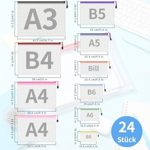 ReePlan Dokumententasche 24 Stück mit Reißverschluss – 9 Größen inkl. A3 & Rechnungsgröße, 10 feste Farben, Transparente Mesh Reißverschlusstaschen & Zip Beutel für Schule, Büro, Reisen, Kosmetik, Spi
