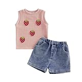 MAHUAOYIXI Toddler Baby Girls Outfits 3D Strawberry Sleeveless Tank Tops with Elastic Waist Denim Shorts Sets 2Pcs Infant Summer Waffle Clothes Set for Girls (Pink, 18-24 Months)