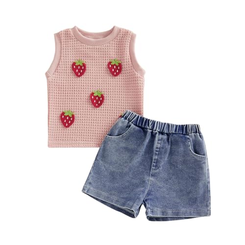 MAHUAOYIXI Toddler Baby Girls Outfits 3D Strawberry Sleeveless Tank Tops with Elastic Waist Denim Shorts Sets 2Pcs Infant Summer Waffle Clothes Set for Girls (Pink, 12-18 Months)