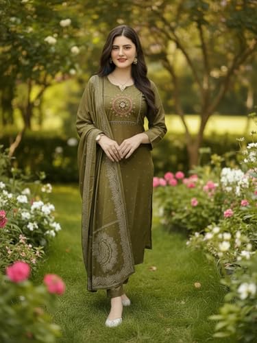 Image of ANNI Designer Women's Rayon Viscose Straight Embroidered Kurta with Pant and Dupatta | Ethnic Kurta Set for Festive, Office