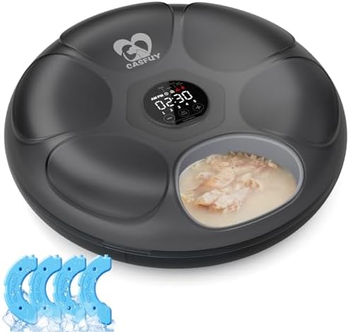 Casfuy Automatic Cat Feeder Cordless – Automatic Cat Food Dispenser for Wet Moist Food with 4 Ice Packs Rechargeable Auto Feeder for Cats Small Dogs with Programmable Timer Low Battery Indicator