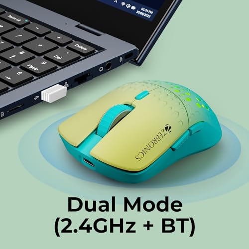 Image of ZEBRONICS Marine Wireless Mouse with Rechargeable Battery, BT + 2.4GHz, 6 Buttons, 4 DPI, 1000 /1600 /2400 /3200, Comfortable & Ergonomic Design, Multicolor LED Lights (Green)