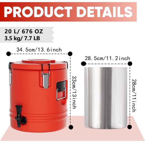 Image of Insulated Beverage Dispenser - 5.3 Gallons, 304 Stainless Steel Insulated Soup Carrier Hot and Cold Insulated Bucket with Faucet Portable for Kitchen Restaurants Parties - Red Insulated Bucket