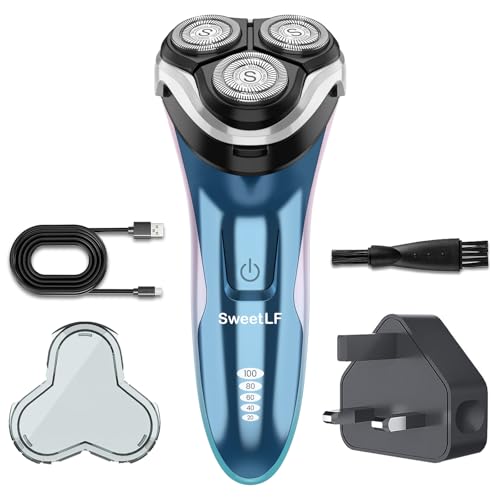 Micro Charging SweetLF Rasoio Elettrico Uomo,Regolabarba con Testine Rotanti 4D, Rasoio Ricaricabile Wet & Dry con Display LED, Rasatura Impermeabile IPX7 Blu Navy