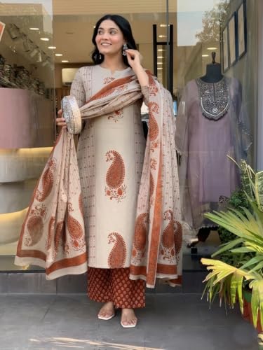 Image of Nermosa Women's Pure Viscose Block Printed Ethnic Wear Straight Kurta Set with Palazzo Pants & Dupatta | Kurta Set for Women | 3 Piece Set