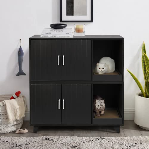 Richya Cat Litter Box Enclosure, Modern Wood Pet Crate Cat Litter Box Furniture Hidden Cat Washroom Furniture House Table Nightstand With Cat Scratch Pad (Black) #TOP6