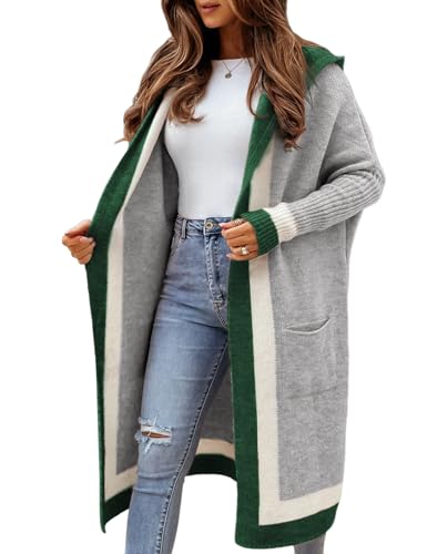 Yimoon Womens Long Cardigan Sweater Color Block Open Front Hooded Cardigan Oversized Knit Sweater OutwearGrey-S