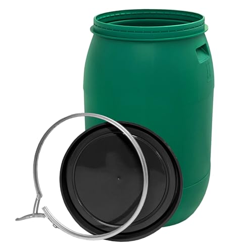 Das Plasteo® 220 Liter Weithalsfass mit Deckel und Spannring, HDPE, BPA-Frei, lebensmittelecht, vielseitig verwendbar als Lebensmittelfass, Futtertonne, Regentonne (Grün mit Spannring)