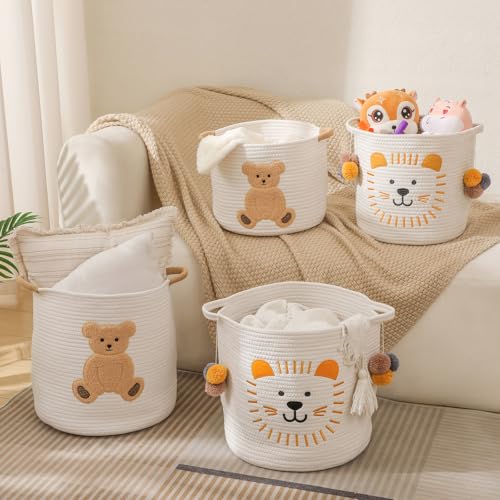 Image of Large Blanket Baskets for Living Room, Teddy Bear Baskets Toy Storage Basket, 14 inch x 14 inch Woven Cotton Rope Basket for Kids, Toys Organizer Clothes Hamper with Embroidery, Teddy Bear Nursery Decor
