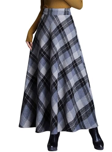 Women's Winter Warm Wool Plaid High Waist A-Line Drape Pleated