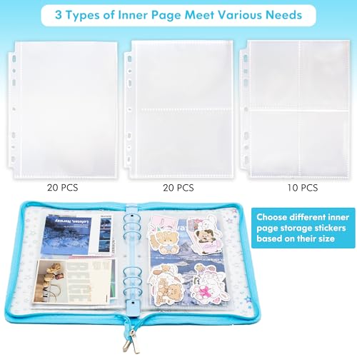 Image of A5 Sticker Organizer Binder with Zipper Closure, Reusable Sticker Storage Album with Pockets, Perfect for Collecting, Organizing, and Displaying Stickers (Star-Blue)