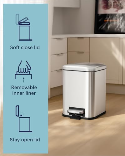 Bathroom Trash Can with Lid, 6 Liter / 1.6 Gallon Stainless Steel Trash Bin, Small Garbage Can with Removable Inner Bucket, Perfect Square Step Bin for Kitchen, Bathroom, Office, Bedroom