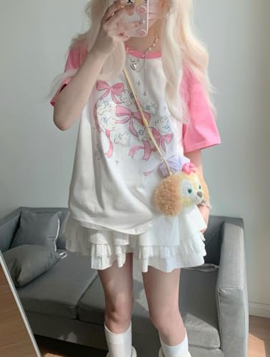 Kawaii Oversized T-Shirt Cute Pink Anime Shirt Japanese Harajuku Patchwork Tee Cartoon Print Loose Teen Girl Plus Size4