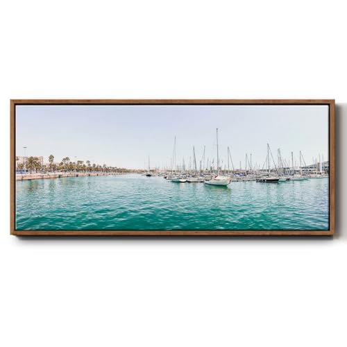 Renditions Gallery Floater Frame Paintings for Home Misty Barcelona Marina View Abstract Prints for Dining Living Room Decor - 20"x50" Walnut Frame LT610