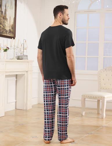 Mens Pajamas Set Cotton Short Sleeve and Plaid Long Pants Loungewear Sleepwear Set Soft Comfy 2 Piece Nightwear4