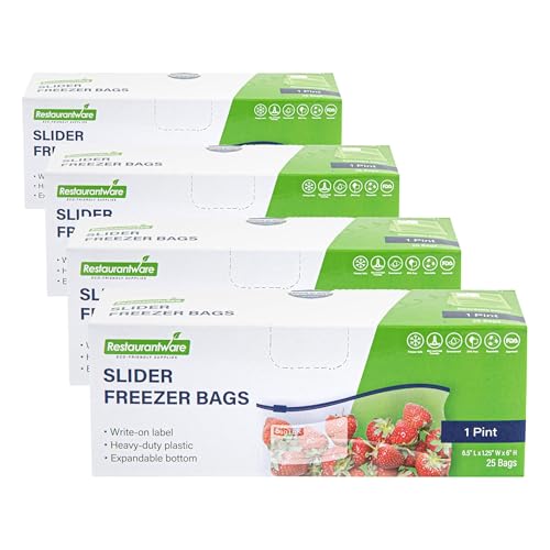 Image of Restaurantware Bag Tek 1 Pint Freezer Slider Bags 25 Disposable Zipper Pouch Bags - Slide Zipper Expandable Bottom Clear Plastic Freezer Bags With Write-On-Label For Food Storage (Pack of 4)