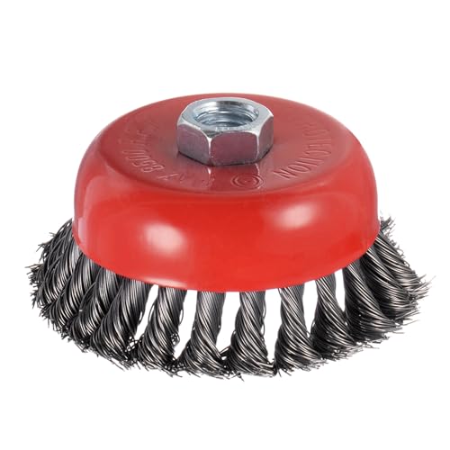 Image of Twisted Knotted Wire Cup Brush for Angle Grinder - [4 Inch] for Paint Stripping Cleaning Rust Duty Abrasive, 5 /8 Inch-11 Threaded Arbor, .020 Carbon Steel Wire, Red