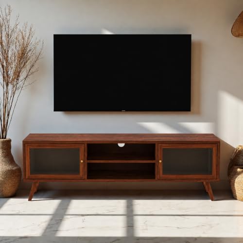 Image of The Attic Janah TV Cabinet, Solid Wood Sideboard TV Cabinet for Living Room, Wooden Free Standing TV Unit Side Board Table with Storage, Honey Finish Glass