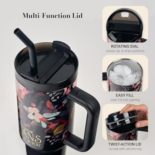 Image of Christian Art Gifts Extra Large Stainless Steel Double Wall Vacuum Insulated Travel Tumbler for Women: Hope & Future Inspirational Scripture, Lid, Straw, Sturdy Handle, Black Multicolor Floral, 40 oz.