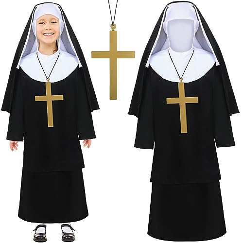 Mepase 3 Pcs Girls Nun Costume Set with Cross Necklace Halloween Nun Costume for Kids Horror Catholic Sister Robe Costumes