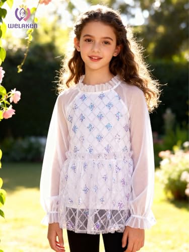 Image of Girl Sequin Mesh Bloues Sparkle Ruffle Collar Long Sleeve Shirts Tops,5-12 Years