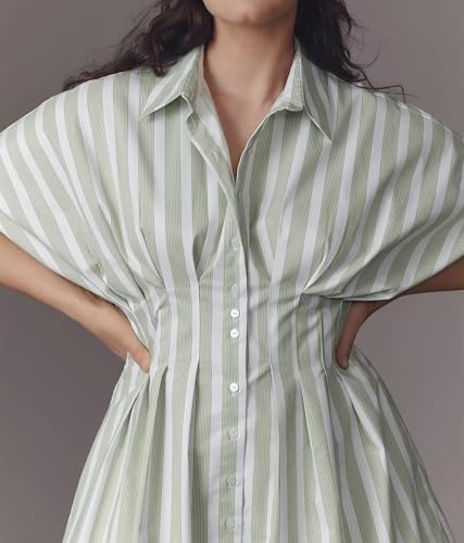 Image of Burtell Summer Button Down Pleated Shirt Dress for Women Striped Print V Neck Short Sleeve Mini Dresses Casual Corset Dresses