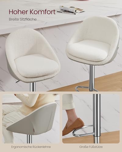 VASAGLE Barhocker, 2er Set, Barstuhl, höhenverstellbar, 360° drehbar, Küchenstuhl, mit Rückenlehne, Sockel, Fußstütze, Stahl, für Theke, Bar, Esszimmer, cremeweiß-Silbergrau LJB110W01