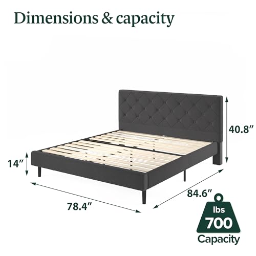 Image of Zinus King Shalini Upholstered Platform Bed Frame with Headboard [New WonderBox(TM) Version], Wooden Slat Support, No Box Spring Needed, Easy Assembly, Eco Friendly Packaging, Dark Grey