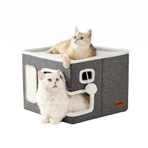 Cat Beds for Indoor Cats – Large Cat House for Pet with Fluffy Ball Hanging and Scratch Pad, Foldable Cat Hideaway,16.5×16.5×13 inches, Grey