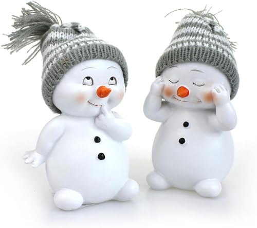 2X Deko Figur Schneemann im Set je 11 cm, Keramik weiß, Wintermütze Textil Wolle grau, Keramikfigur Dekofigur Winter Weihnachten