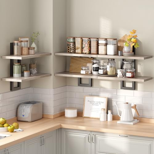 Image of HOOBRO Floating Shelves, 15 Inch Wall Shelf Set of 3, Wall Mounted Storage Shelves 2-Tier, Hanging Bathroom Shelves, for Living Room, Bedroom, Bathroom, Kitchen, Greige and Black BG32BJP301