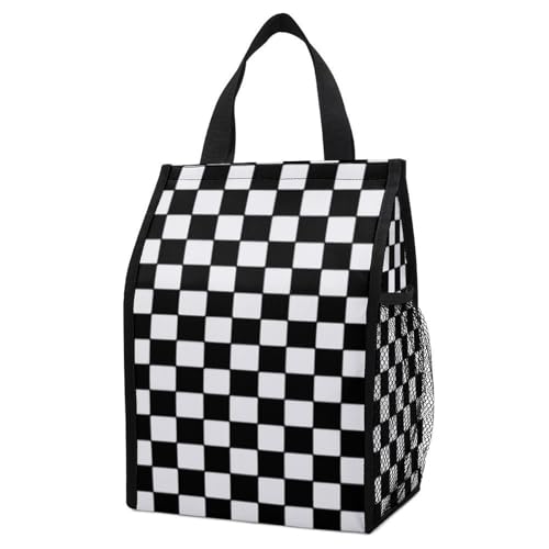 Anceky Bolsa térmica ligera para el almuerzo, con estampado a cuadros blancos y negros, impermeable y plegable, con bolsillos de malla para aperitivos y bebidas.