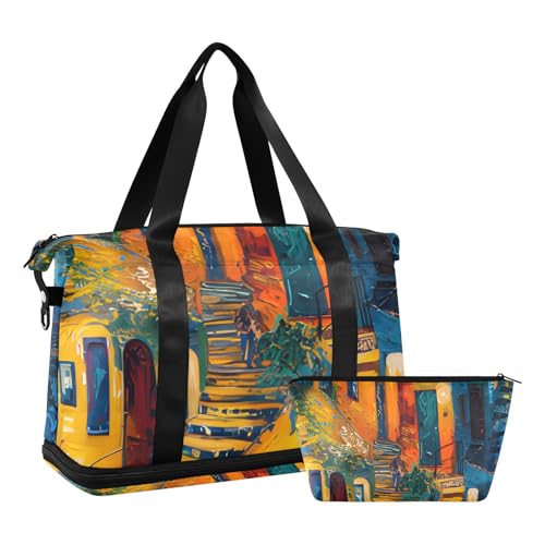 ALAZA Sports Duffel Bags with Toiletry Bag Set,Landscape Architecture Travel Duffel Bags Multi Pockets Weekend Bag2