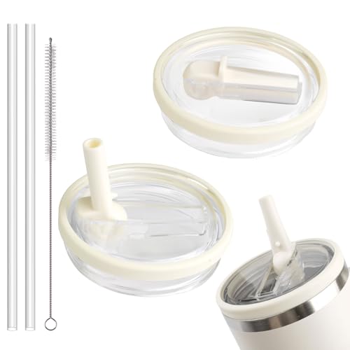 2 tapas a prueba de fugas para Stanley Cup, tapas de repuesto para vasos Stanley 40 oz, tapa a prueba de fugas con 2 pajitas y 1 cepillo para accesorios Stanley Cup (beige)