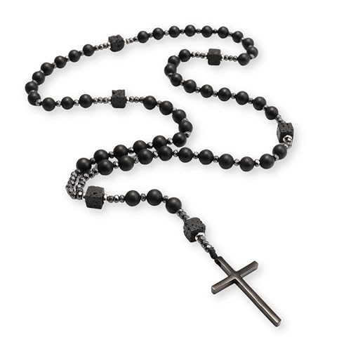 Nazareth Store Men's Rosary Necklace Black Onyx or Tiger Eye Beads with Black Alloy Cross, Catholic Christian Religious Jewelry, Gift for Him