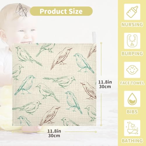 Image of vvfelixl Color Birds Baby Burp Cloths Baby Muslin Washcloths for Boys Girls Cotton Baby Face Towel for Newborn Infants Soft and Absorbent 11.8 X 11.8 in, 5 Pack