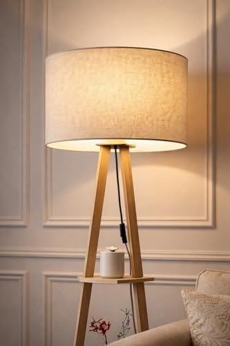 Image of Tripod Floor Lamp with Shelves, Wooden Stand, Linen Shade, Living Room Decor