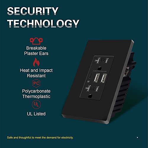 Topeler 6.0A Black Usb Wall Outlet Charger, 20A Duplex Tamper-Resistant Receptacles, Charging Power Outlet With 3 Usb Ports, Electrical Socket With Usb C Port, Ul Listed #TOP2