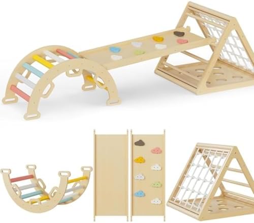 Pikler Triangle Set with Cushion, Arch and Slide, Toddler Climbing Toys Indoor Playground, Montessori Climbing Set, Indoor Jungle Gym, Wooden Pickler-3 Piece Climbing Gym for Kids 1.5-6yr