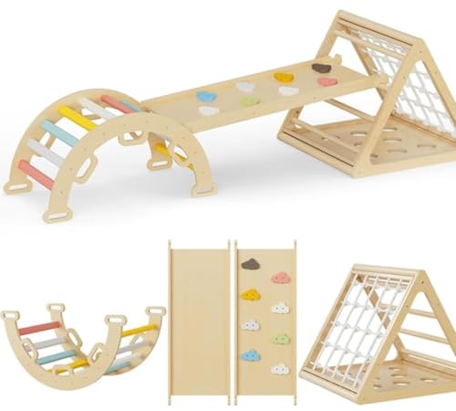 Image of NEOCOZY Pikler Triangle Set with Cushion, Arch and Slide, Toddler Climbing Toys Indoor Playground, Montessori Climbing Set, Indoor Jungle Gym, Wooden Pickler-3 Piece Climbing Gym for Kids 1.5-6yr