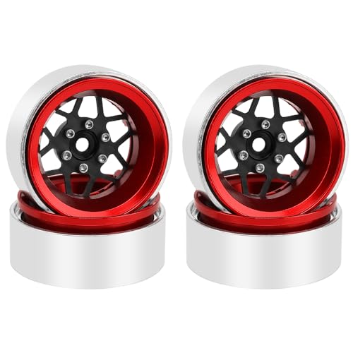 ZIJOT ModuWheel 1.3" Negative Offset Aluminum + Carbon Fiber Beadlock Wheels Rim for 1/24 1/18 AX24 SCX24 TRX4m Ascent18 RC Crawler,Star Pattern-1 (red)