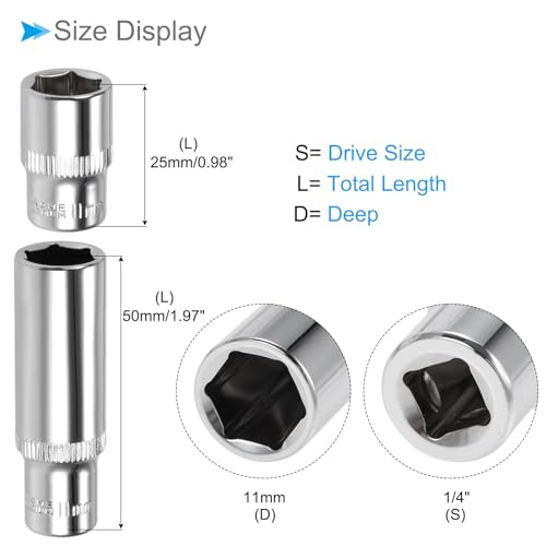 Image of 6-Point Socket, 1 /4 inch Drive 11mm Deep, Polished Chromed CR-V Metric Deep and Shallow Impact Socket - (Applications: for Ratchet Torque Electric Wrenches Car Repair), 2-Pieces