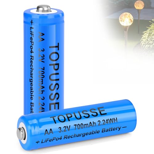 TOPUSSE 3.2V AA LiFePo4 Rechargeable Batteries 700mAh Low Self-Discharge Double A Rechargeable Battery for Solar Lights and Wall Lanterns 2 Pack